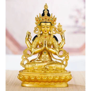 старая расписанная вручную бронзовая статуя Будды, позолоченная четырехрукая Гуаньинь Бодхисаттва Тара