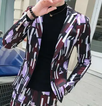 Новый осенний мужской костюм с геометрическим рисунком, однобортный приталенный костюм из смеси хлопка, пальто, куртка A142