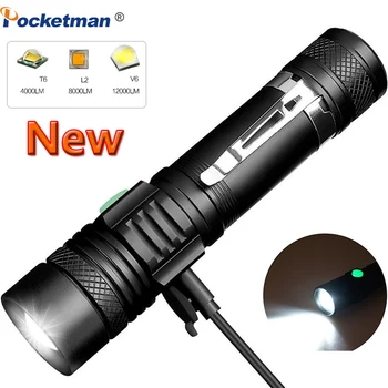 Зажим для ручки Pocketman, фонарик T6 / L2 / V6, светодиодный фонарик, USB Перезаряжаемый фонарик, Водонепроницаемый Ручной фонарь, Масштабируемый фонарик