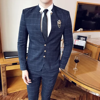 (Куртка + брюки) Британский тонкий клетчатый костюм со стоячим воротником из двух частей, мужское платье для выпускного вечера, банкетный смокинг, мужской повседневный деловой смокинг