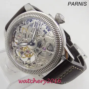 Роскошные 44-миллиметровые мужские часы PARNIS Hollow со светящимися стрелками, 17 драгоценных камней, механический механизм 6497 с ручным заводом со скелетом, мужские часы