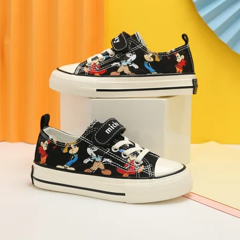 Повседневная парусиновая обувь с рисунком Микки Мауса и Граффити из мультфильма Диснея для мальчиков и девочек, черные, розовые туфли на плоской подошве, дышащие Размеры 25-36
