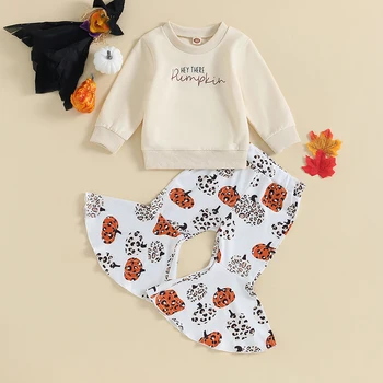 Одежда Для маленьких девочек на Хэллоуин, Толстовка с длинными рукавами и буквенным принтом и расклешенные брюки с принтом Тыквы, Комплект Одежды из 2 предметов