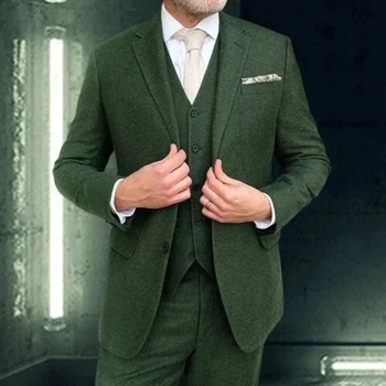 Итальянские костюмы Для Мужчин, Приталенные Темно-зеленые Смокинги Жениха с вырезами на Лацканах, Свадебная одежда Жениха на заказ, 3 предмета (куртка + жилет + брюки)