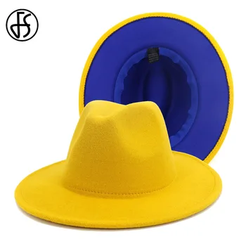 Моды ФС желтый королевский синий лоскутное почувствовал женщин мужчин шляпа с широкими полями шерсть Джаз Fedora шляпы трилби Панама шапка тренд картежника шляпа