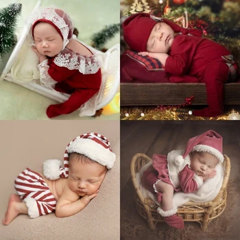 Dvotinst, реквизит для фотосъемки новорожденных, Рождественская Красная шапочка Санта Клауса, комбинезон, комплект из 2 предметов, кружевная одежда, реквизит для студийной съемки