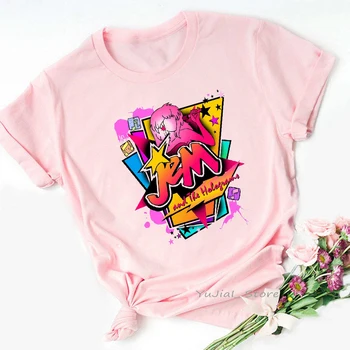 Забавная футболка, Женская одежда 2022, Забавная Джем и Голограмма, Розовая футболка, Женская Рубашка в стиле Харадзюку, Летние Топы, Футболка, Femme
