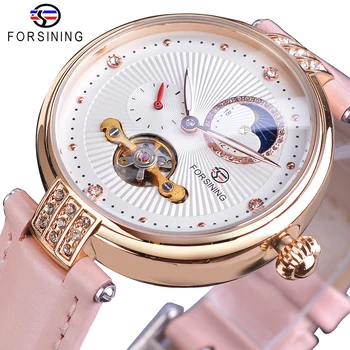 Модные женские многофункциональные часы с бриллиантовым цветком из натуральной кожи Розового Цвета, автоматические водонепроницаемые механические часы с датой