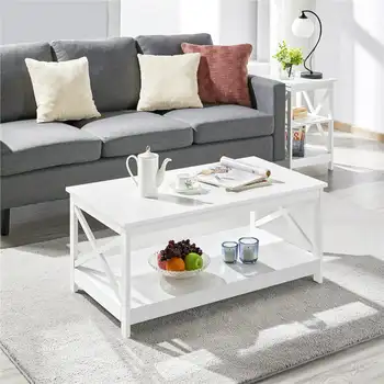 Креативная гостиная, Современный дом, Современный деревянный журнальный столик X-Design Rectangle с полкой для хранения, белый
