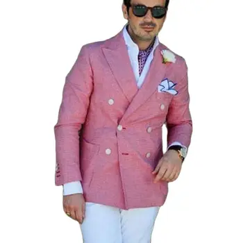 Двубортные Розовые мужские костюмы Slim Fit для свадьбы, выпускного вечера, Смокинг жениха из 2 предметов с белыми брюками, Новый мужской модный костюм 2021