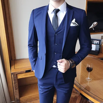 (Куртка + жилет + брюки) Высококачественный брендовый деловой мужской костюм-тройка для жениха, свадебное платье, смокинг, однотонные костюмы