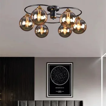 Промышленный потолочный светильник дымчато-серый янтарный стеклянный шар для фойе, художественная дизайнерская лампа в стиле лофт, черное металлическое освещение кухни