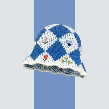 Вязаная шапка Складная Вышитая Панама в том же стиле, что и рыбацкие шапки со звездами, Вязаная шапка в корейском стиле, Повседневные женские геометрические шляпы