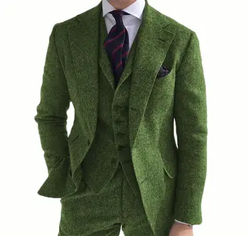 Новые Деловые костюмы из зеленого твида в елочку, вечерние костюмы в стиле ретро, Классические Смокинги для свадьбы, Мужские костюмы, 3 предмета (пиджак + жилет + Брюки)