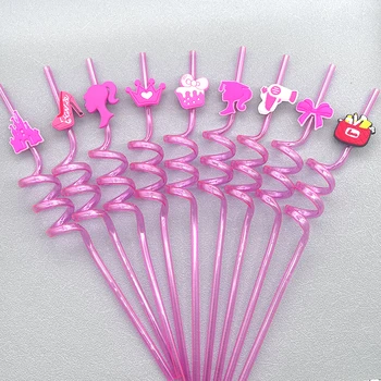 Розовые Соломенные элементы Барби для девочек, Детская Пипетка с Мультяшным изгибом, Многоразовый пластиковый Декор Принцессы для детского Дня рождения
