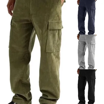 Мужские осенне-зимние однотонные спортивные прямые брюки с множеством карманов, мужские повседневные Свободные брюки