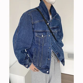 Осенняя короткая джинсовая куртка, Мужская мода, негабаритная накладка на плечо, Джинсовые куртки, мужская уличная одежда, Корейская Свободная куртка-бомбер в стиле хип-хоп, Мужская куртка-бомбер