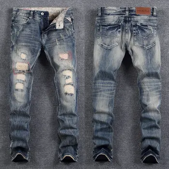 Модные Мужские джинсы в Итальянском стиле, Ретро Тонкие Рваные джинсы, Мужские брюки с дырками, Дизайнерские винтажные джинсовые брюки с вышивкой, Hombre