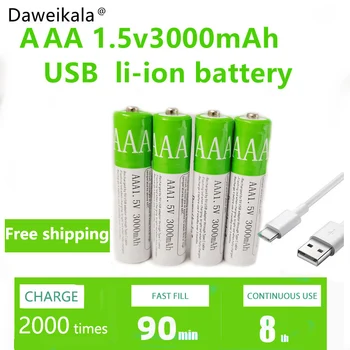 New2023 USB AAA Аккумуляторные батареи 1,5 В 3000 мАч литий-ионный аккумулятор для дистанционного управления мышью, электрическая игрушечная батарея + кабель Type-C