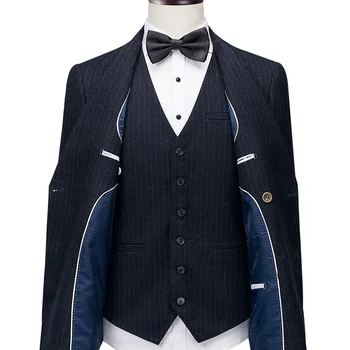 Индивидуальный заказ Элегантный темно-синий мужской Двубортный костюм в вертикальную полоску, мужской Простой Свадебный костюм, Блейзер, костюм
