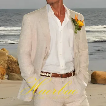 Бежевый льняной мужской костюм, Свадебный Смокинг, летняя пляжная вечеринка, Куртка для жениха, Брюки, Комплект из 2 предметов, дышащий приталенный блейзер для мужчин