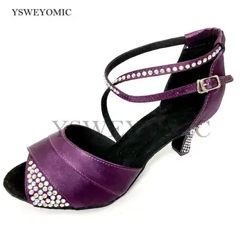 Туфли для латиноамериканских танцев Со стразами на низком каблуке 6 см, фиолетовые атласные Туфли для латиноамериканских танцев, женские туфли для вальса, мягкая замшевая подошва, обувь для бальных танцев Сальсы