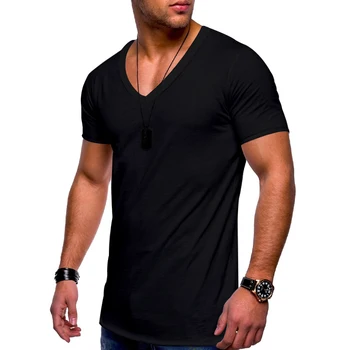 Мужская однотонная футболка с V-образным вырезом и коротким рукавом, Повседневная Летняя облегающая футболка с мышцами, Топы, Повседневная Спортивная футболка на открытом воздухе, Плюс Размер S-4XL