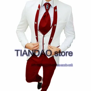 Жаккардовый мужской костюм из 3 предметов, белый свадебный смокинг жениха, воротник-шаль, формальный пиджак, брюки, жилет, мужской блейзер, veste costume homme