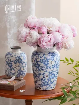 Новый китайский стиль, сине-белая керамическая ваза, цветочная композиция из пионов, керамическая цветочная посуда, украшение гостиной, крыльца, decorati