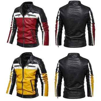 Куртка из искусственной кожи в стиле пэчворк, Байкерская повседневная мужская мотоциклетная куртка на молнии, приталенная верхняя одежда с меховой подкладкой, пальто Желтого, черного цвета
