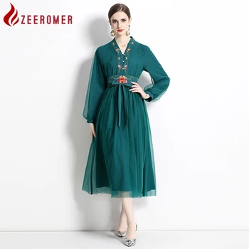 ZEEROMER 2023 Весеннее Подиумное Дизайнерское Сетчатое платье с цветочной вышивкой, Высококачественное Женское Вечернее платье с V-образным вырезом и длинным рукавом на шнуровке и бантом