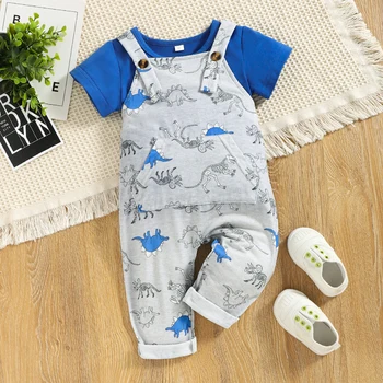 Летний Детский комплект для детей 0-2 лет, Синяя футболка с круглым вырезом и коротким рукавом, Серые Брюки на бретелях с принтом динозавра 68-92