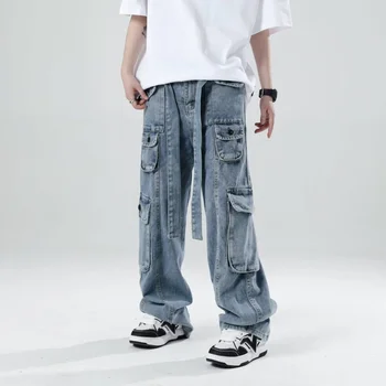 Синие Мешковатые джинсы-карго, мужские модные джинсы с карманами в стиле Ретро, Мужская Японская Уличная одежда в стиле хип-хоп, Свободные прямые джинсовые брюки, мужские брюки