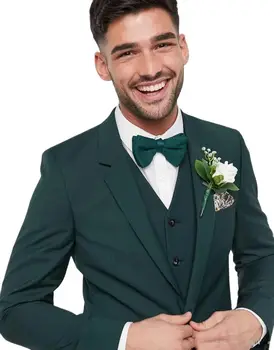 Классический красивый Зеленый приталенный смокинг для жениха, костюм шафера из 3 предметов, Мужское свадебное платье на двух пуговицах (куртка + брюки + жилет), приталенный комплект