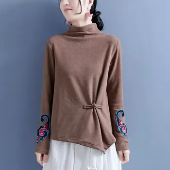 Винтажная вышивка, однотонные женские топы с высоким воротником, тонкая футболка неправильной формы с длинным рукавом, осенне-зимняя женская одежда