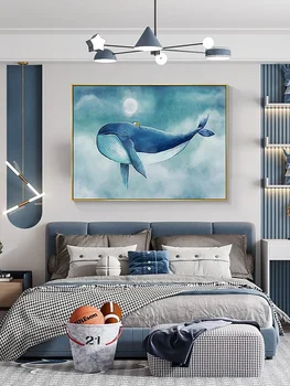 Картина маслом с китом, нарисованная вручную, скандинавский свет, роскошное украшение детской комнаты, картина с изображением мультяшных животных, фреска маслом на холсте